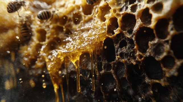Close-up view of honeycomb filled with dripping honey, surrounded by bees, showcasing the intricate structure of the hexagonal cells and the golden liquid oozing from it. The image captures the gliste