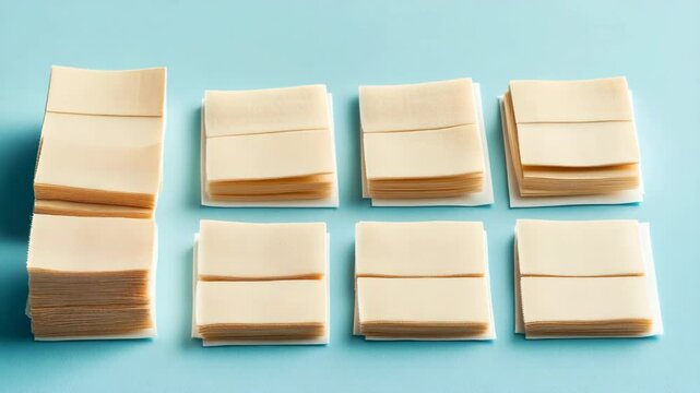 Stacked sheets of light beige pastry squares.