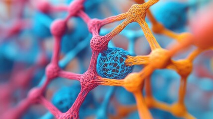A vibrant and intricate close-up of interconnected molecules depicted in a colorful network of red, blue, and orange lines. The composition highlights the detailed molecular structure, showcasing node