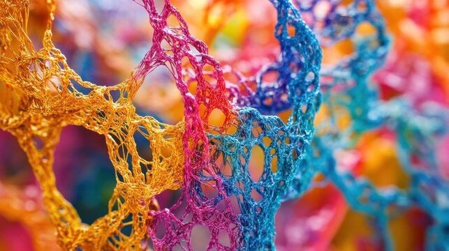 A close-up view of colorful netting or lace material, showcasing intricate patterns and textures. The vibrant threads are woven in a complex manner, displaying hues of orange, pink, and blue against a