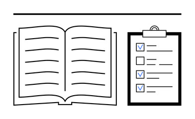 Open book with visible pages and checklist clipboard featuring checkboxes and lines. Ideal for education, planning, organization, studying, note-taking, task tracking, and simple landing page