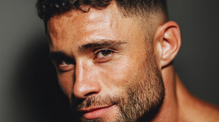 Fototapeta premium Close-up portrait of a man with short curly hair and a light tan complexion. He has a stubble beard and is looking directly at the camera