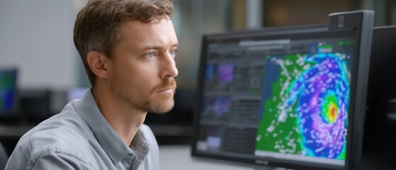 A man analyzes weather data on a computer screen, focusing on a storm visualization in a professional setting.