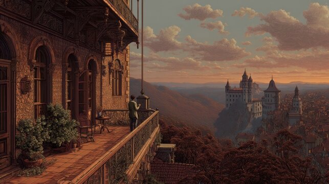 A serene balcony scene captured at sunset, showcasing a man standing contemplatively as he gazes over a vast mountainous landscape adorned with lush foliage. The intricately designed stone balcony fea
