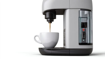Modern coffee machine pouring coffee into a white cup