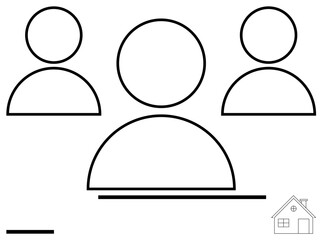 Abstract representation of three human figures and a house icon. Ideal for teamwork, community, collaboration, family, remote work, housing solutions, and simple landing page