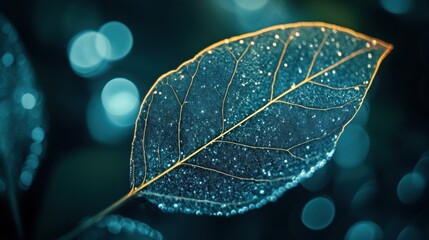 A close-up view of a delicate leaf with intricate vein patterns, partially transparent and adorned with shimmering droplets of water. The leaf is set against a softly blurred background of blue and gr