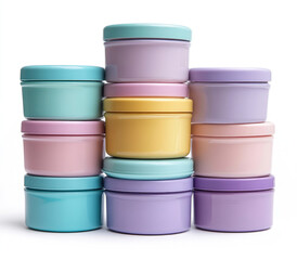 Stack of colorful round containers with lids. Various pastel shades