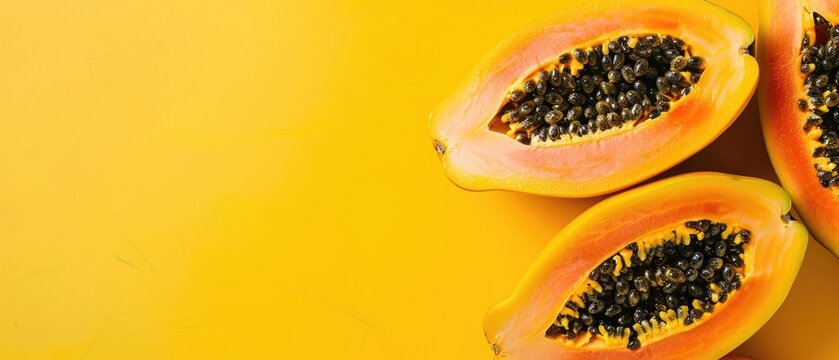 Halved papayas on colorful background. Top down aerial view of fresh papaya with orange flesh and black seed at vibrant background. Flat lay composition with copy space. Tropical fruit design. AIG55.