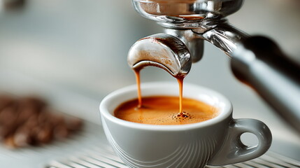 Close up of espresso shot being pulled from espresso machine into a small white cup. Hot coffee flowing with crema. Coffee making process for cafe or home.
