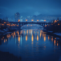 Fototapeta premium Night view of a bridge with city lights reflecting on the water