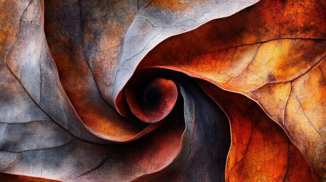 A close-up view of a spiral arrangement of leaves displaying intricate textures and vibrant colors, featuring shades of orange, red, and gray. The composition draws the eye inward, emphasizing the ric