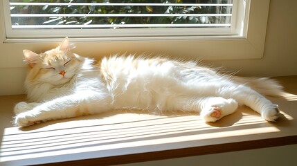 Domestic cat relaxing in sunlight by window