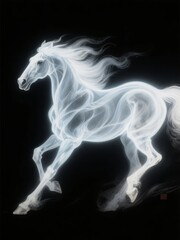 Naklejka premium A glowing, ethereal horse in motion against a black background