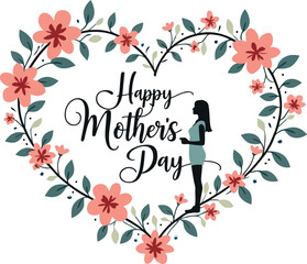 Floral Heart Frame Vector Design with Mother Silhouette and Elegant “Happy Mother’s Day” Typography, Surrounded by Red Flowers and Green Leaves on Light Background