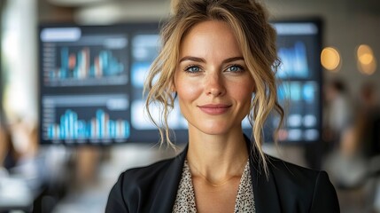 Elegant American businesswoman giving presentation with digital charts behind her ultra modern tech office cinematic lighting