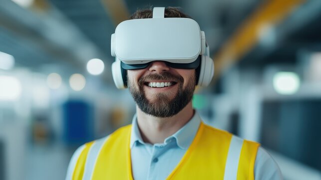 A man wearing a VR headset and safety vest smiles in an industrial setting, combining virtual reality technology with workplace training.