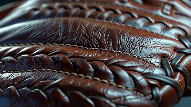 Close Up of Brown Leather Baseball Glove Intricate Stitching, Texture, and Craftsmanship Showcase Sports Equipment Elegance and Durability