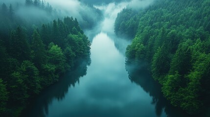 A calm river winding through a dense forest with mist rising from the water at sunrise 