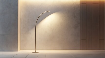 Modern arc floor lamp illuminates the minimalist interior with textured wall panels and tiled floor
