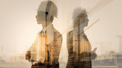 Two engineers in profile,  construction silhouettes overlap