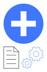 Obraz premium White plus sign in blue circle paired with document and gear icons symbolizing addition, organization, functionality. Ideal for themes thumbs up technology, healthcare, automation, productivity