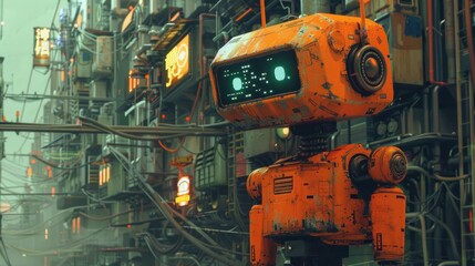 Fototapeta premium Rusty orange robot in a futuristic city