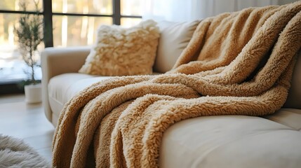 A warm, inviting living room features a soft, plush blanket draped across a comfy couch.
