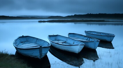 Obraz premium Four weathered boats anchored peacefully in a tranquil, blue-hued waterscape.