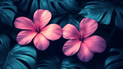 Fototapeta premium Pink Hibiscus Flowers Among Teal Monstera Leaves