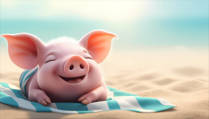 Cute pig relaxing and enjoying a sunny day on the beach  