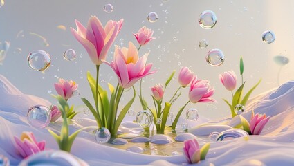 Fototapeta premium Abstract spring flower landscape scene with water bubbles. 3d rendering.