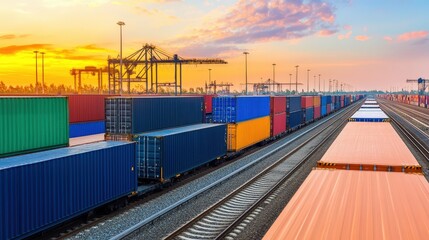 Obraz premium Cargo containers on trains at a busy railway yard during sunset, with cranes in the background.