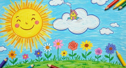 Cheerful sun overlooks colorful flowering meadow