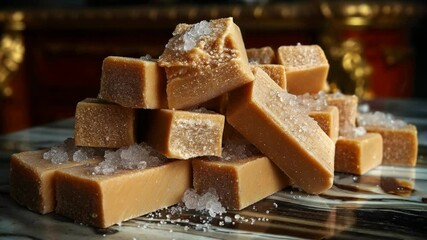 Close up of a pile of homemade caramel fudge squares sprinkled with sea salt on top of a marble surface