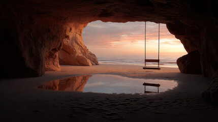 A swing is hanging from the ceiling of a cave