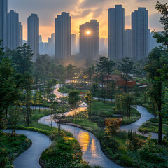 Obraz premium Urban park surrounded by skyscrapers under a soft morning light