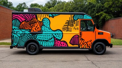 A vibrantly painted food truck with abstract, colorful patterns parked on a street beside a brick wall and greenery.