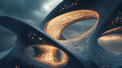 An abstract, intricately designed structure showcasing fluid, organic shapes with glowing, porous surfaces against a dramatic sky. The intertwining forms catch soft light, creating an ethereal atmosph