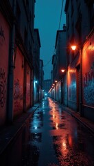 Dark urban cityscape with graffiti walls and industrial lights , texture, cityscape, edgy