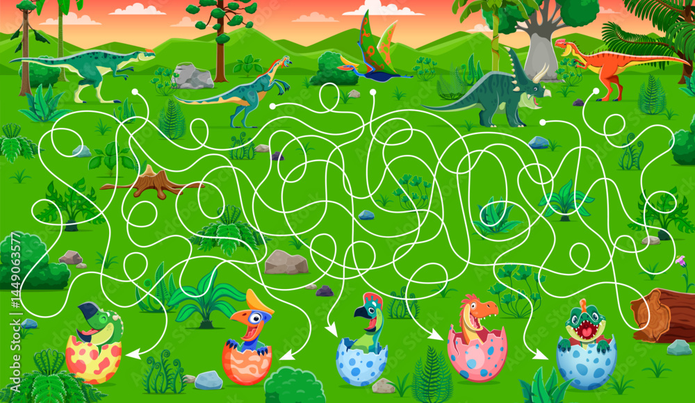Poster kids labyrinth maze game with dino kids. help to dinosaur mother find her egg. vector prehistoric wo