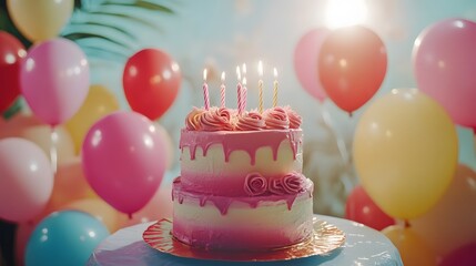 A two-tiered pink birthday cake with candles, adorned with frosting roses, sits amidst a cluster of pastel balloons. Festive and celebratory.