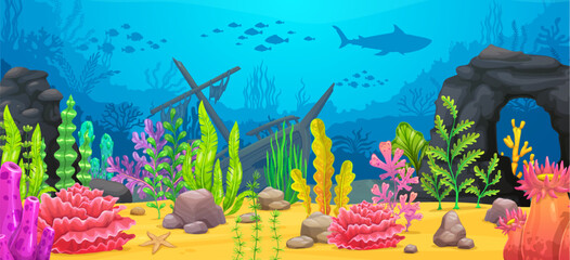 Underwater sea landscape with sunken ship and rock reef arch, vector cartoon game background. Sea or ocean underwater landscape with sunken pirate boat sheep in undersea cave rocks for game background © Vector Tradition