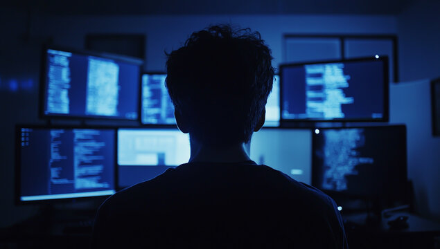 A photo of a man sitting in front of multiple computer monitors, facing away from the camera, with dark blue lighting in a high-tech office environment