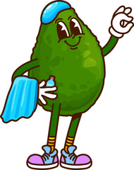 Avocado groovy cheerful character in swimming cap. Vegan food plant groovy cute character, ripe avocado retro cartoon vector funny character. Tropical fruit 60s 70s funky happy personage on vacation
