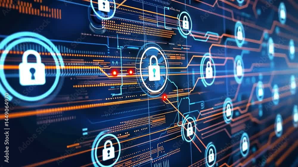 Poster digital network illustration of interconnected locks symbolizing cybersecurity and data protection w