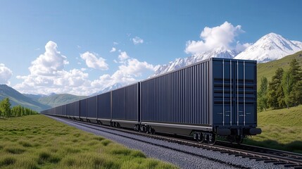 Fototapeta premium A long freight train travels through a scenic mountain landscape on a clear, sunny day.