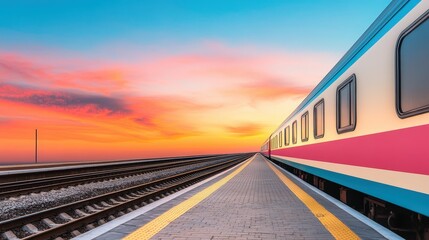 Fototapeta premium A passenger train at a station platform during a vibrant sunset, with colorful sky and empty tracks stretching into the distance.