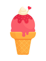 Strawberry ice cream cone with whipped cream, red syrup, and heart-shaped decoration. Summer dessert concept. Flat vector illustration isolated on white background