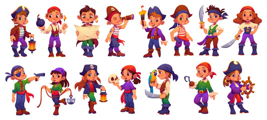 Kid corsair pirate characters, party costumes, swords, guns and hook. Cute boys and girls pirate captain and sailor vector personages with black hats, bandanas and eye patches, treasure map and parrot